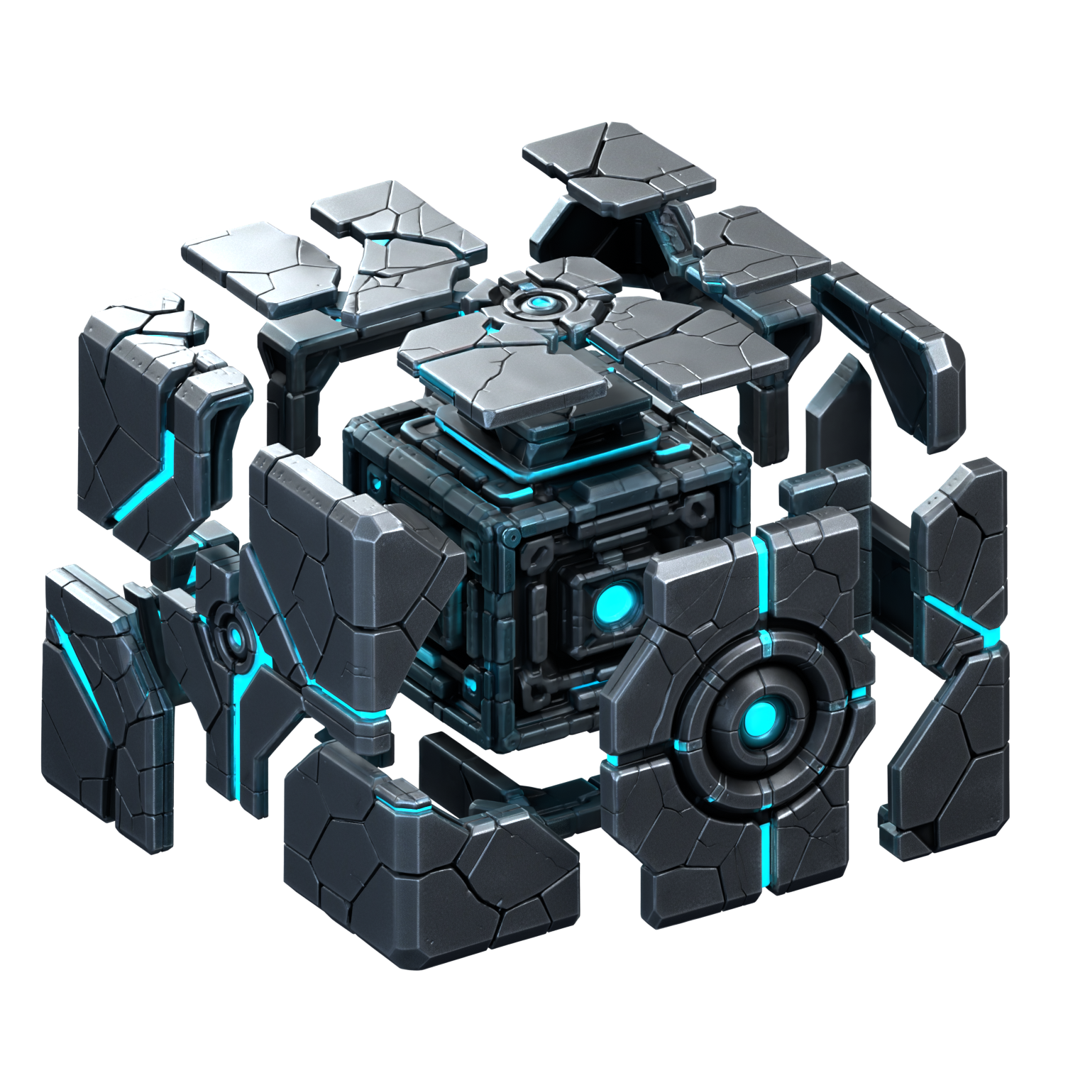 Hexarion opening its plates to reveal a blue energy core